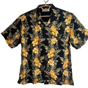 Tommy Bahama 100% Silk Hawaiian Camp Shirt Pineapple Hibiscus Black Men’s M